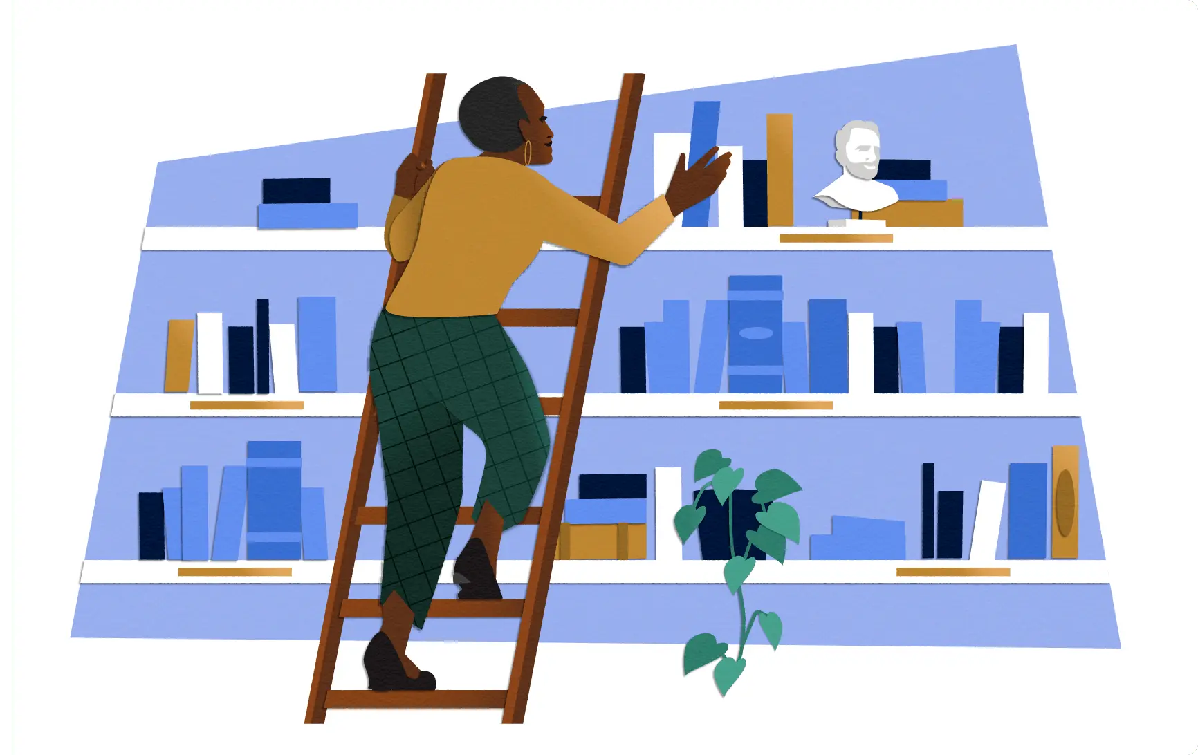 a woman climbing a ladder to reach books on a high shelf in a library, representing the many resources available in JivaTech’s Help Centre